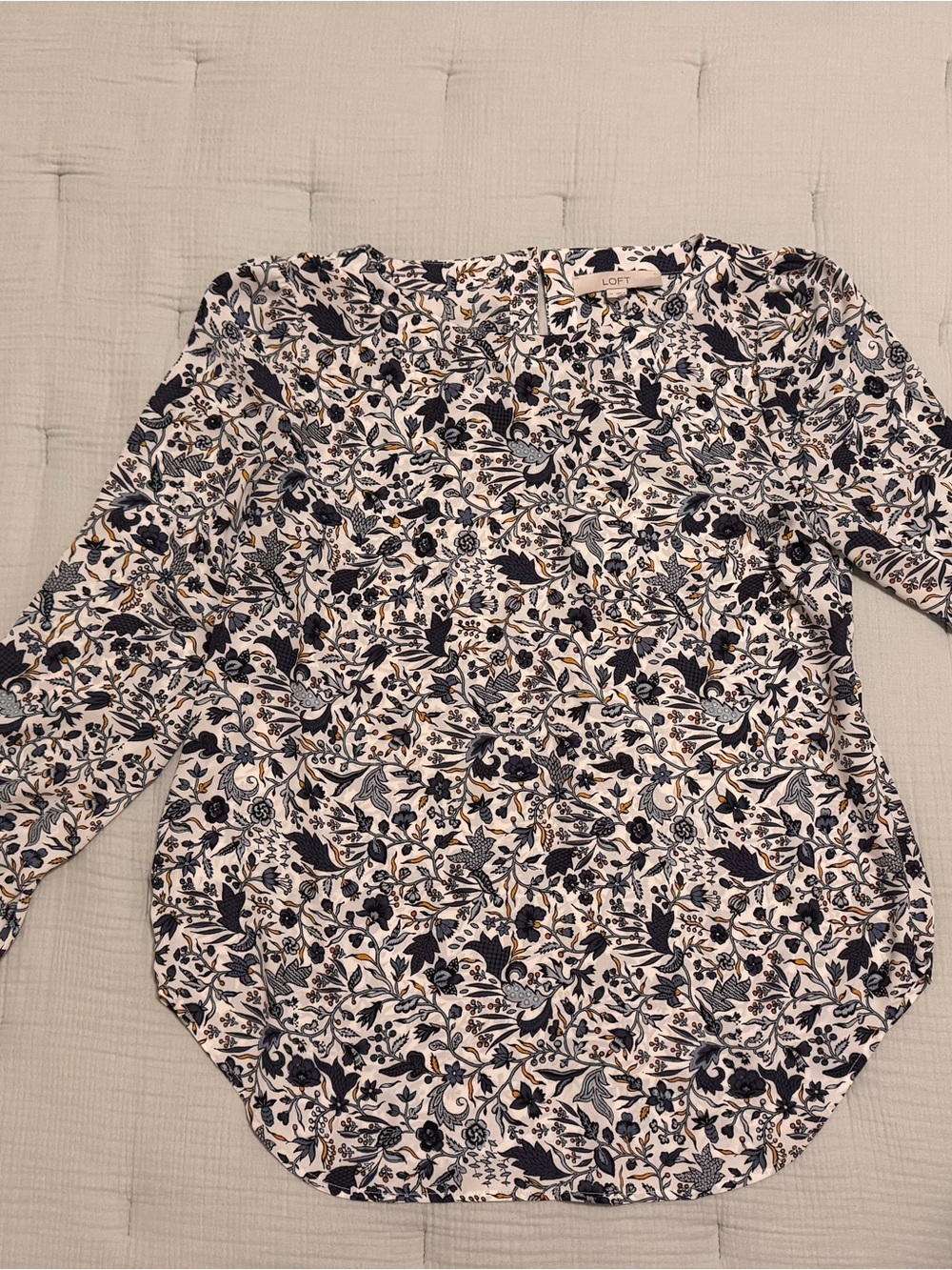 LOFT Floral Long-Sleeve Blouse in Cream, Navy & Tan Accents